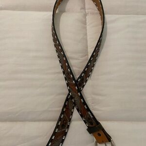 VTG Rare Unisex 38 Brown Leather Belt with eagle and butterfly Tooled Detail -